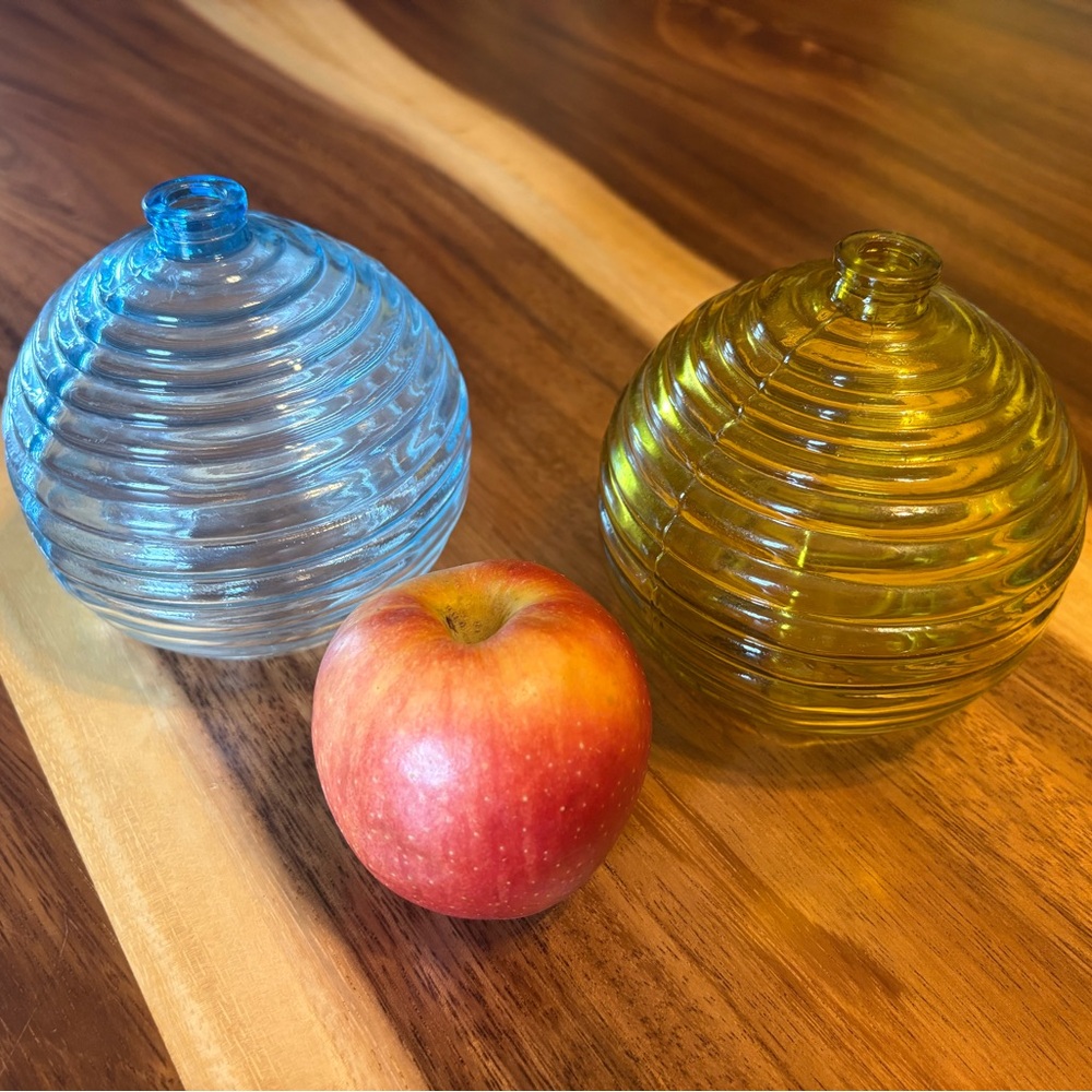 Set of Blue and Yellow Ribbed Glass Vases - Picture 3 of 3